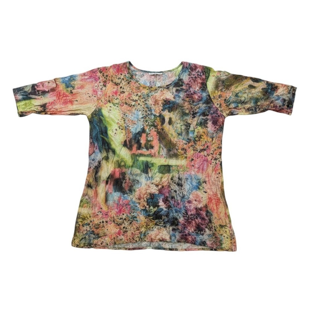 Bryn Walker Abstract Floral Lurex Crinkle Tunic Top Multi-Color Lagenlook Medium